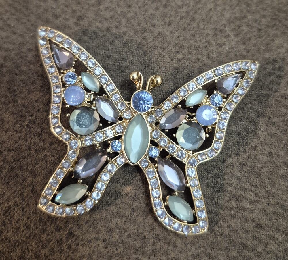 Napier Butterfly Brooch Pin Gold Tone Blue Aqua Rhinestones Signed Statement